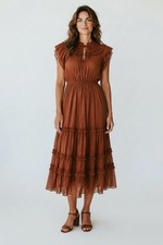 NWT Elie Tahari Brownstone Midi Dress Tiered MSRP 495 Boho Chic Quiet Luxury