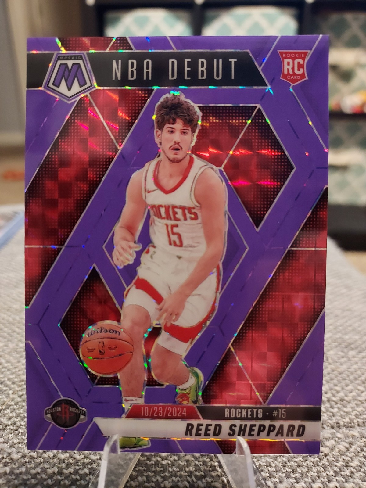 2024-25 Mosaic - NBA Debut Reed Sheppard #252 Fluorescent Purple /249 (RC)