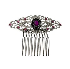 Silver Tone Hair Comb Purple Glass Plastic Accent Bridal Prom Formal Comb Vtg