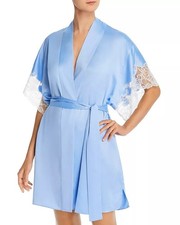 NATORI Plume Wrap Short Robe Boat Blue w/ White Lace L MSRP 160 NEW