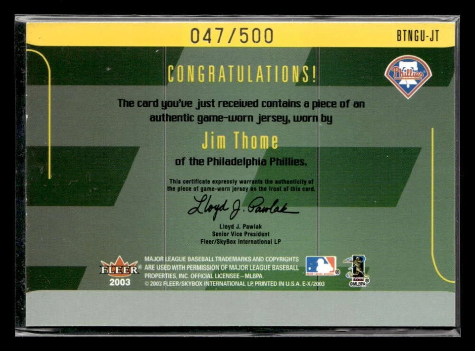 2003 Fleer E-X Jim Thome Behind the Numbers Game Used Jersey Relic /500 UX2028 - Image 2 of 2