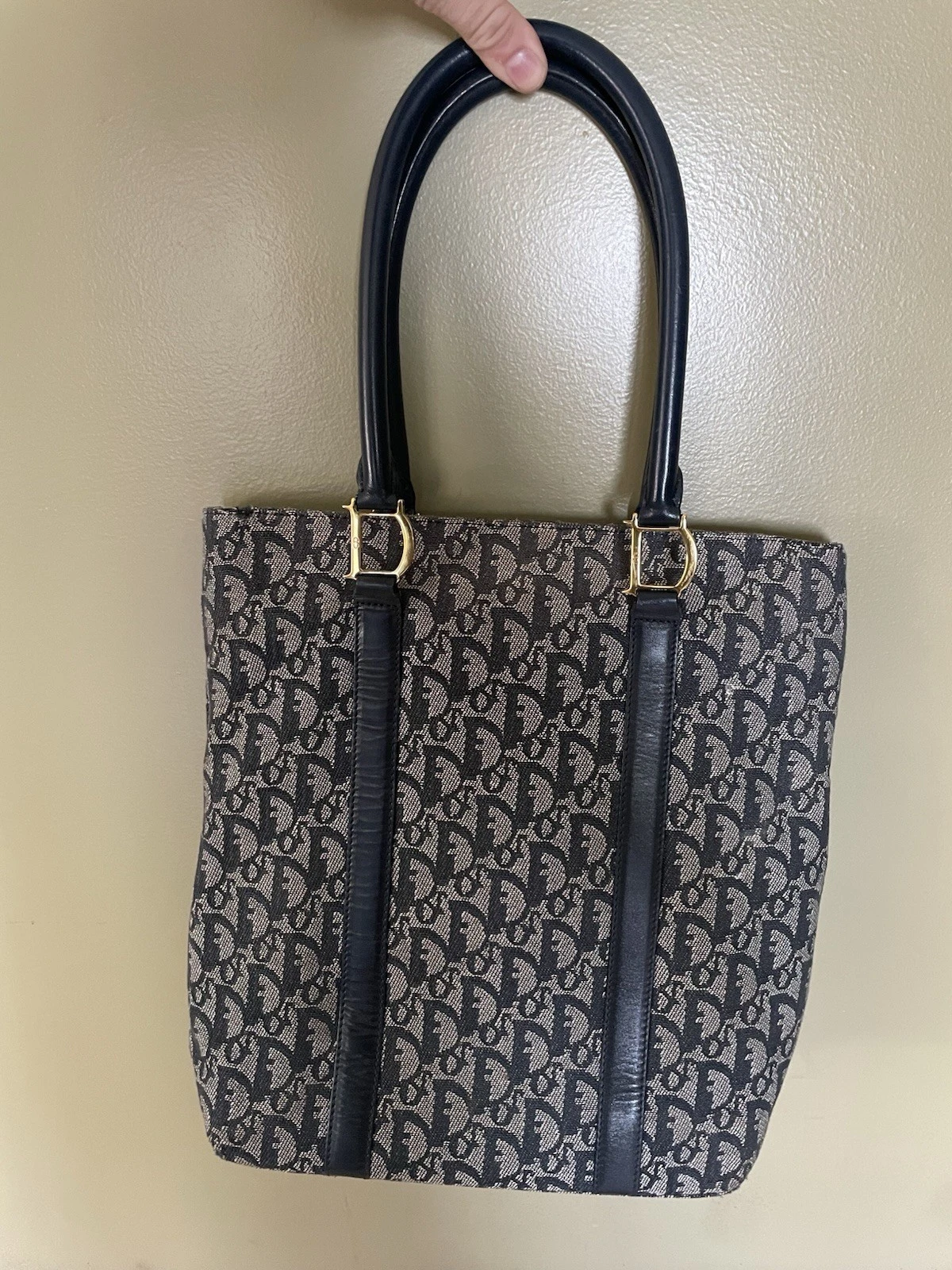 Sac fourre tout à main motif trotteur Christian Dior toile cuir bleu GHW 35EB800
