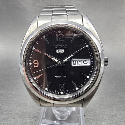 Seiko 5 Automatic Watch Men 37mm Black Dial Silver Tone Daydate SNX123 PARTS