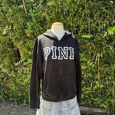 PINK Victoria's Secret Black Full Zip Hoodie Oversized Collegiate Logo Sz L