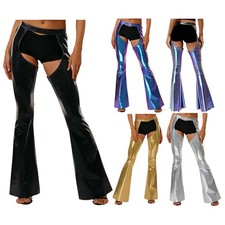 Women Bell-Bottom Rave Chaps Trousers Flared Pants Festival Clubwear Costume