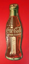 Thermomètre de fonctionnement bouteille Coca Cola vintage original années 50 métal 17" étain signe MCM 