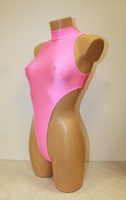 Women Thong Leotard 204-10 High Collar Open Thig Pink Spandex Size L