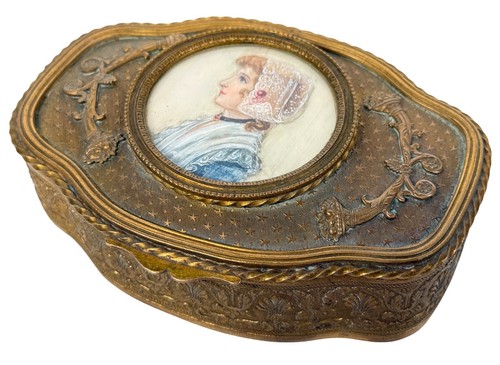 Antique French Louis XVI Miniature Portrait Painting Bronze Ormolu Box Casket