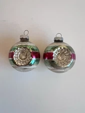 Pair Vintage SHINY BRITE Striped DOUBLE INDENT Mercury Glass Ornaments 2.25”