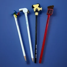 Vtg 1980's Pencils With Toppers: Camera, Whistle, Spinner, Flocked Bear - Lot 4