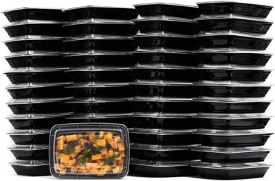 NICOLE FANTINI 38 oz Plastic Meal Prep Food Black Containers With Lids Microwavable BPA FREE