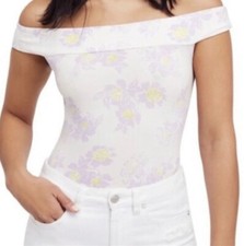NWOT Free People Floral Off The Shoulder Bodysuit Top White Purple Sz M