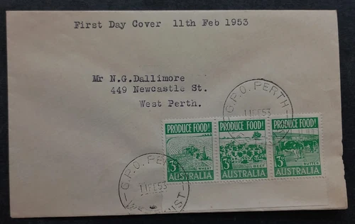 1953 Australia strip 3x3d Emerald Food Production stamps on First day Cover