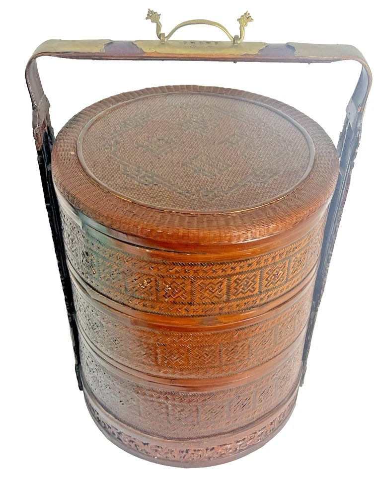 ANTIGUA CESTA DE BODA CHINA HISTÓRICA DE BAMBÚ CON DISEÑO ESTAMPADO NEGRO Foto 4 de 4