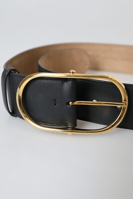 DOLCE & GABBANA オーバルバックルゴールドブラックベルト85 DOLCE & GABBANA Belt Black Leather Gold Oval Metal Buckle