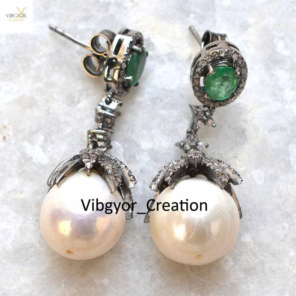 Pendientes de perlas de diamantes pavé de plata de ley 925 esmeralda joyería regalo para esposa Foto 4 de 4