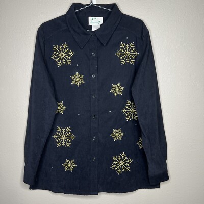 The Quacker Factory Black Button-up Stretch Snowflake Christmas Shirt Sz L