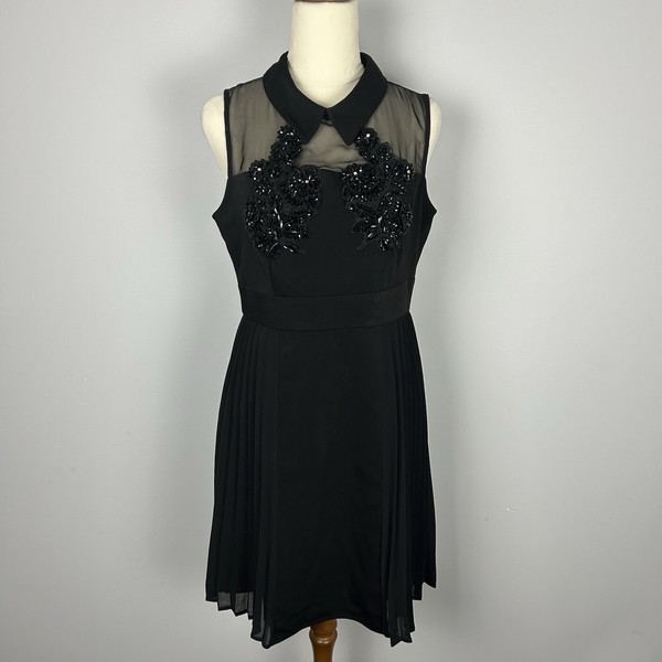 Darling London Women’s Sz 10 Black Collard Sequin Sleeveless Dress Fit & Flare