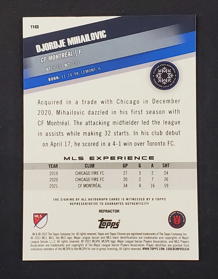 2022 Topps Chrome MLS #118 Djordje Mihailovic Autograph CF Montreal - Image 2 of 2