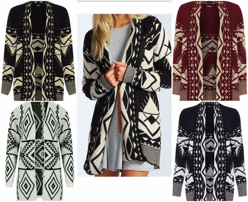 Ladies Women Aztec Print Knitted Open 