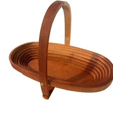 Wood Trivet Collapsible Bowl Basket Folding Handle Wood Handmade Kathleen Stapp*