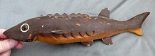 Vintage WOOD FISH DECOY  ICE FISHING SPEARING FOLK ART Hand Carved Metal fin 11"