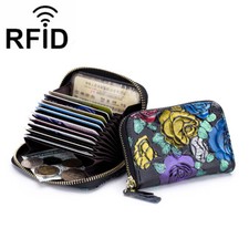 Small Leather Card Wallet Women's Credit Card Holder RFID Blocking Zipper Pocket