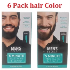 6pk  Men's Select Hair Color Mustache and Beard Dye 5 minute Black or Dark Brown