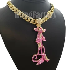 Hip Hop PINK PANTHER & 12mm 18" Iced Cuban Box Lock Choker Chain Bling Necklace