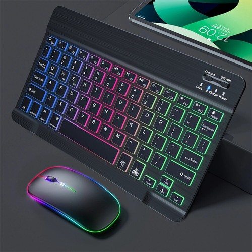 Backlit Bluetooth Keyboard and Led Mouse Rechargeable For IOS iPad Android PC - Picture 10 of 31