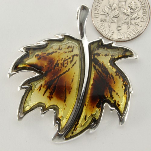 Carved Cognac / Brown BALTIC AMBER Leaf Pendant - 925 STERLING SILVER #2174e - Picture 2 of 3