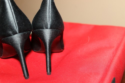 Kate Spade Black Satin Heels Shoes Pearl Rhinestone Bows Womens 5 NEW $228 Ret - Picture 3 of 11
