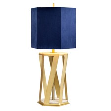 Image of Table Lamp Blue Shade with Gold Faux Silk Lining Brushed Brass LED E27 60W Bulb