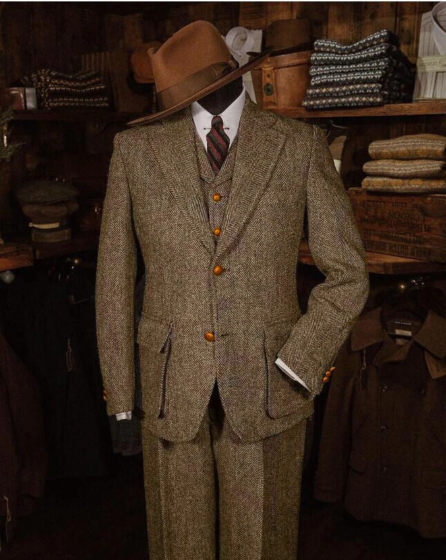 Esmoquin de negocios de mezcla de lana de invierno espiga vintage de trajes de tweed 3 piezas para hombre Foto 3 de 4