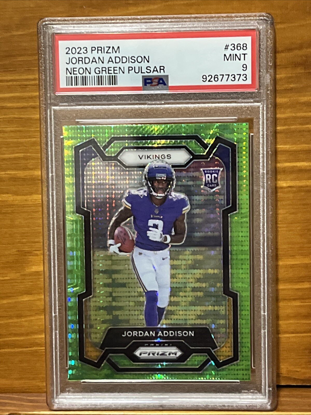 2023 Panini Prizm Jordan Addison #368 Neon Green Pulsar RC Vikings PSA 9 Mint