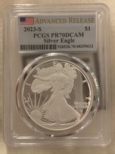 2023S- American Silver Eagle- PCGS- PR70DCAM- Advanced Release- Flag Label