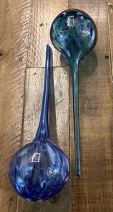 Handblown Blue/Multicolor Glass Plant Watering Globes Set Of 2 11.5" Tall