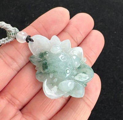 Floating Green Lotus Flower Jadeite Jade Pendant Necklace, 100% Untreated