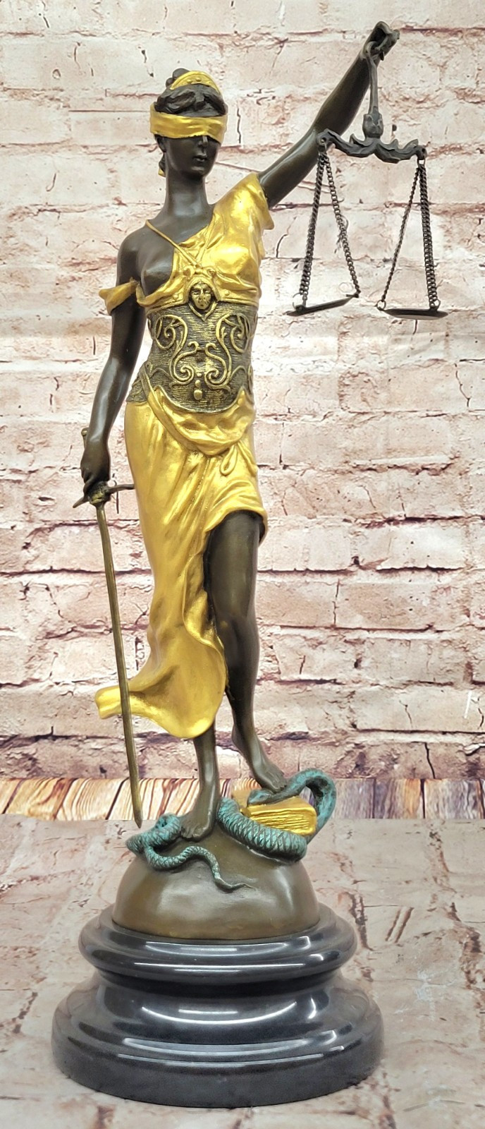 Real Bronze Metal Statue with Marble Lady Blind Justice Scales Lawyer Sculpture