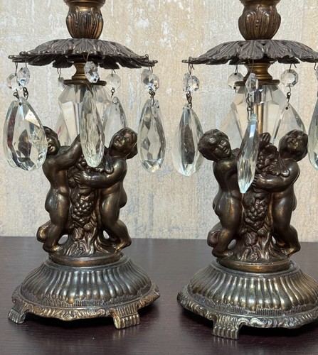 Vintage Pair 11" Putti/ Cherub Metal Candle Holder with Prisms Glass # 5366 - Picture 2 of 8