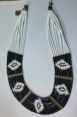 Small Seed Bead Collar Necklace Wide Black White Diamond Pattern, 18-21''