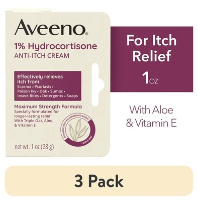 Aveeno 1% Hydrocortisone Anti-Itch Cream 1 oz (3 Pack) Maximum Strength Relief f