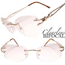Womens Oval Gold Rimless Frame Bifocal 2.00 Reading Glasses Reader