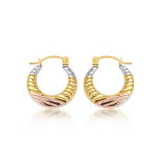 14K Tri-Color Gold Ribbed Diamond Cut Huggie Hoop Earrings