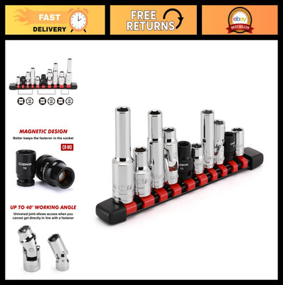 10-Piece Impact Socket Set - 10mm, 1/4'', 3/8'', 1/2'' Drive, Magnetic Flex Sockets