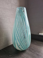 Hand Blown Large, Heavy Art Glass Vase Green Teal Swirl Studio Art, 15.5" tall