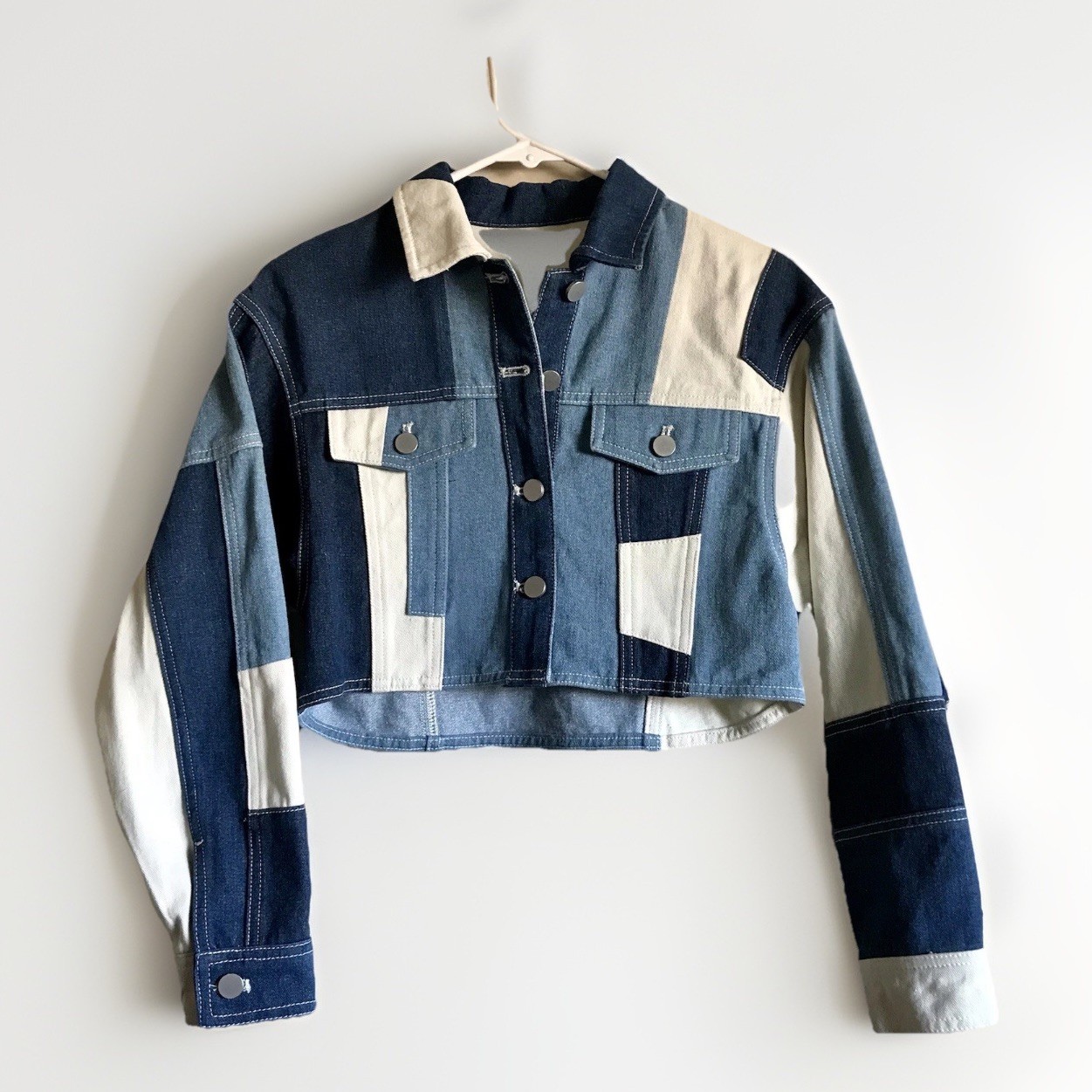 Patchwork Cropped Denim Jacket Womens Small Butto… - image 1