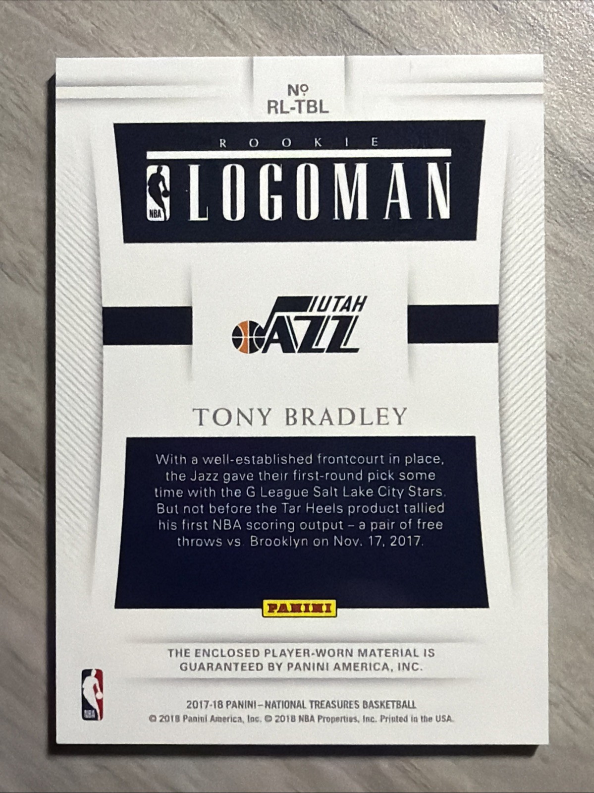 2017-18 Panini National Treasures Tony Bradley Rookie Logoman Patch Utah Jazz /5 view 2