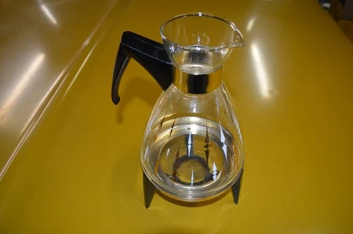 Vintage MCM Pyrex 8 Cup Coffee Carafe With Stand, Gold and Black