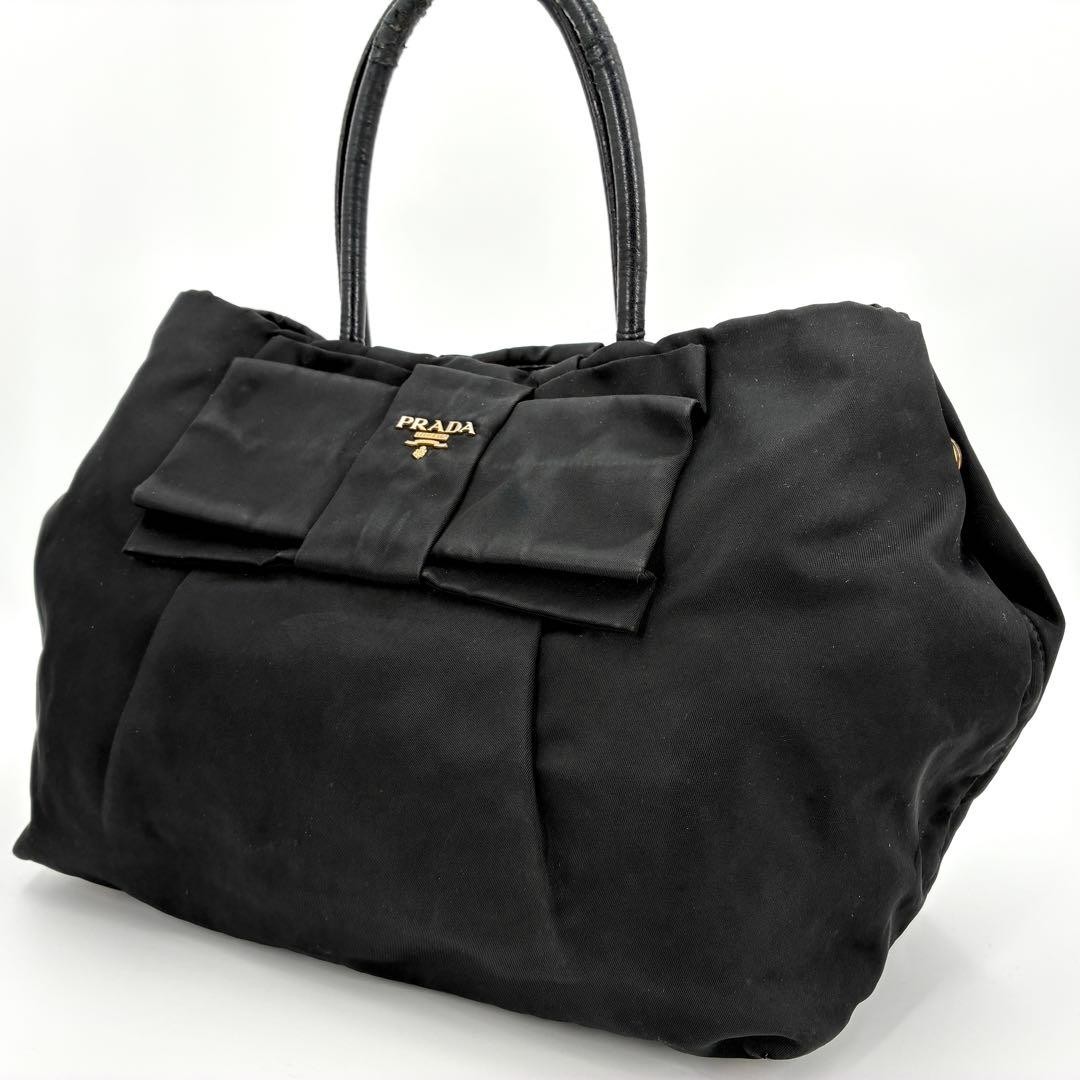 Prada Ribbon Logo Black Nylon Leather Unisex Tote Bag Pre-Owned